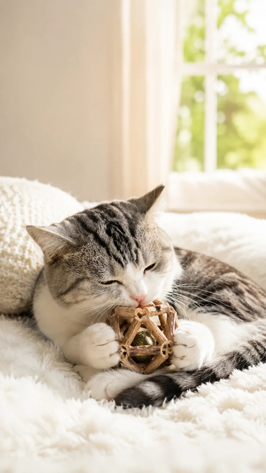 White cat calmly chewing the silvervine ball by the window
