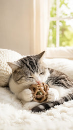 White cat calmly chewing the silvervine ball by the window