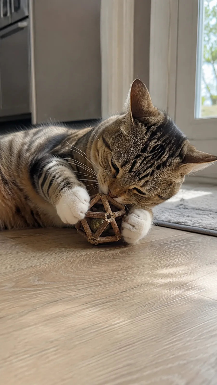 Tabby cat playing with the silvervine stick ball on the floor