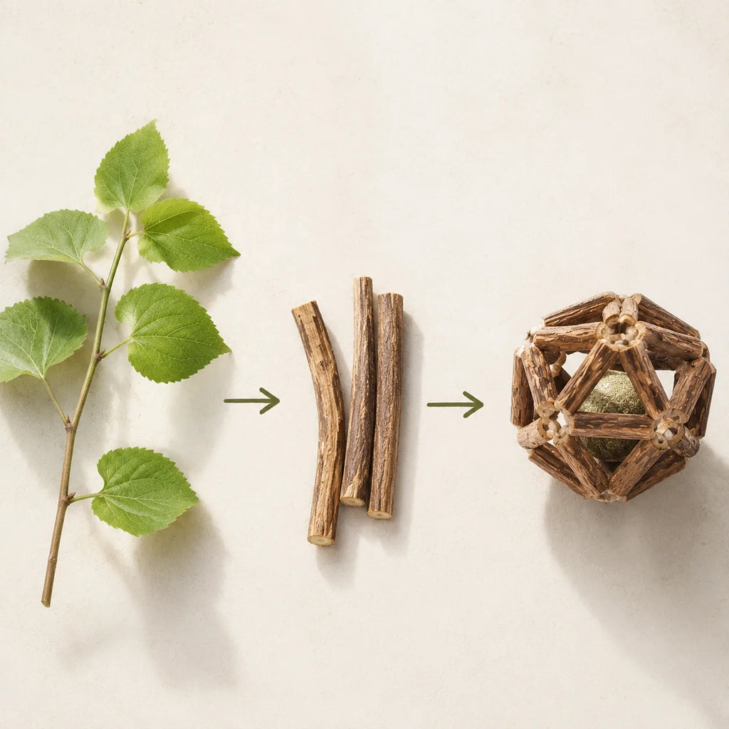 Natural raw silvervine branch, cut sticks, and finished ball