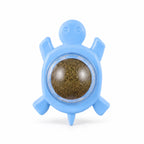 Wall-mounted silvervine catnip ball in blue turtle holder, isolated