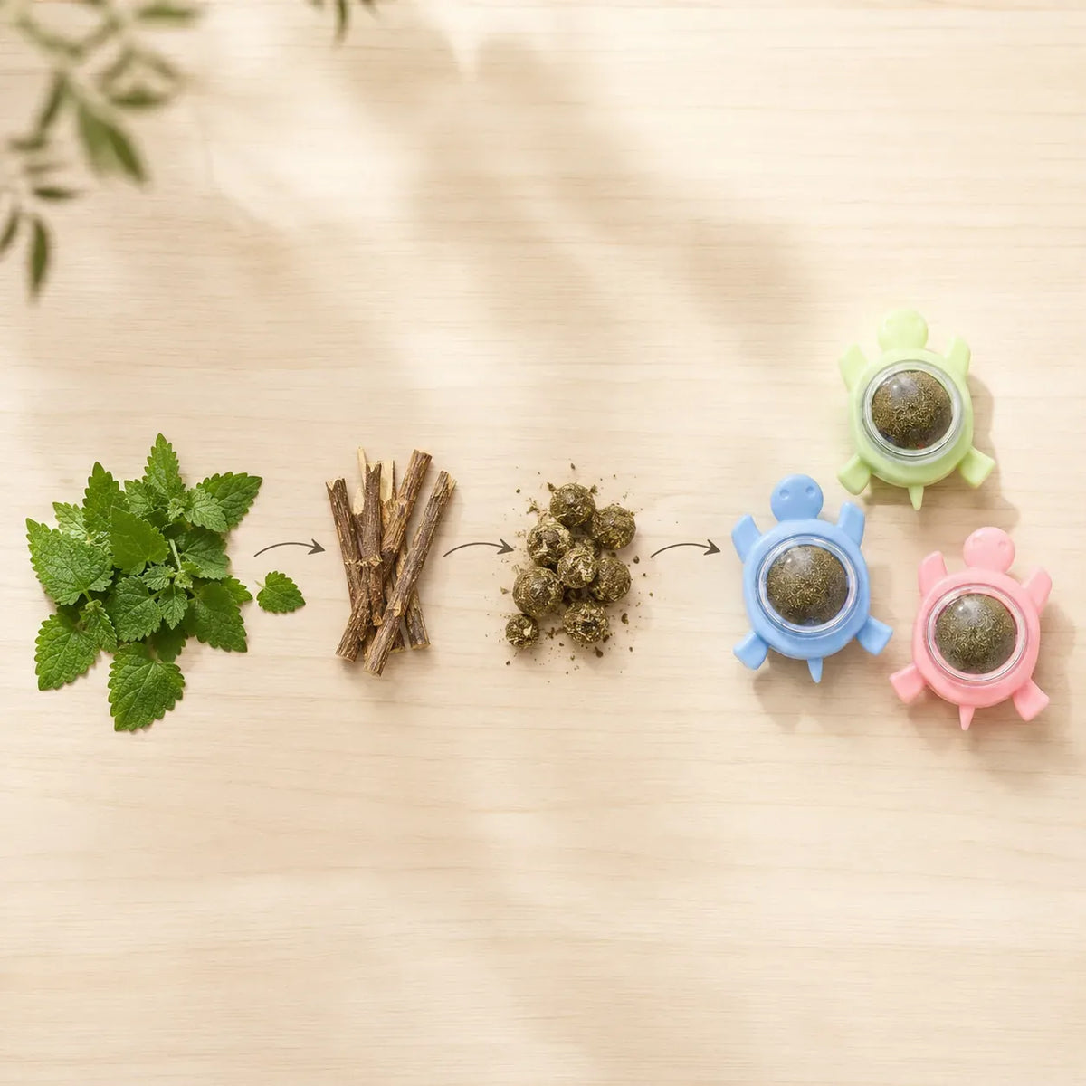 Natural ingredients: catnip leaves and silvervine sticks pressed into a ball