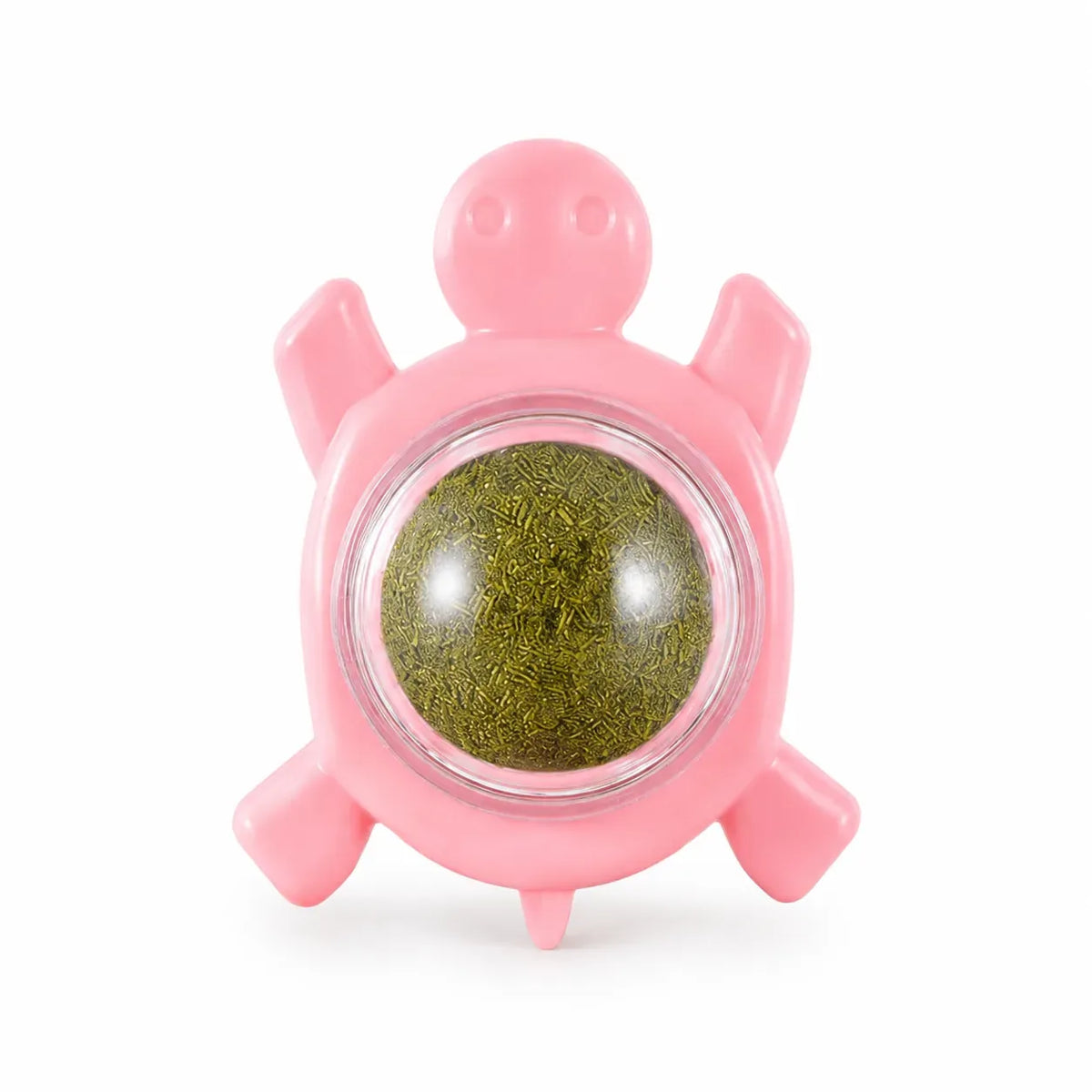 Wall-mounted silvervine catnip ball in pink turtle holder, isolated