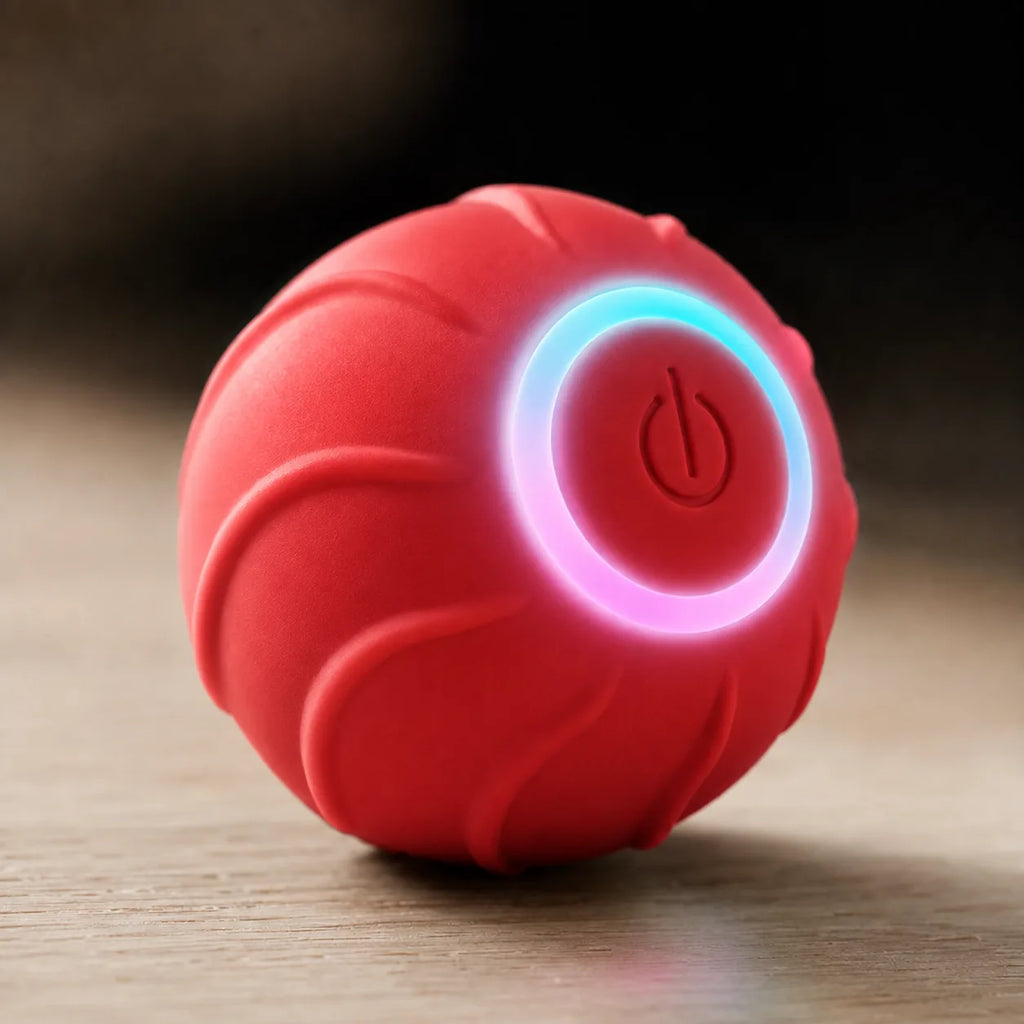 Red smart rolling cat ball with glowing LED ring