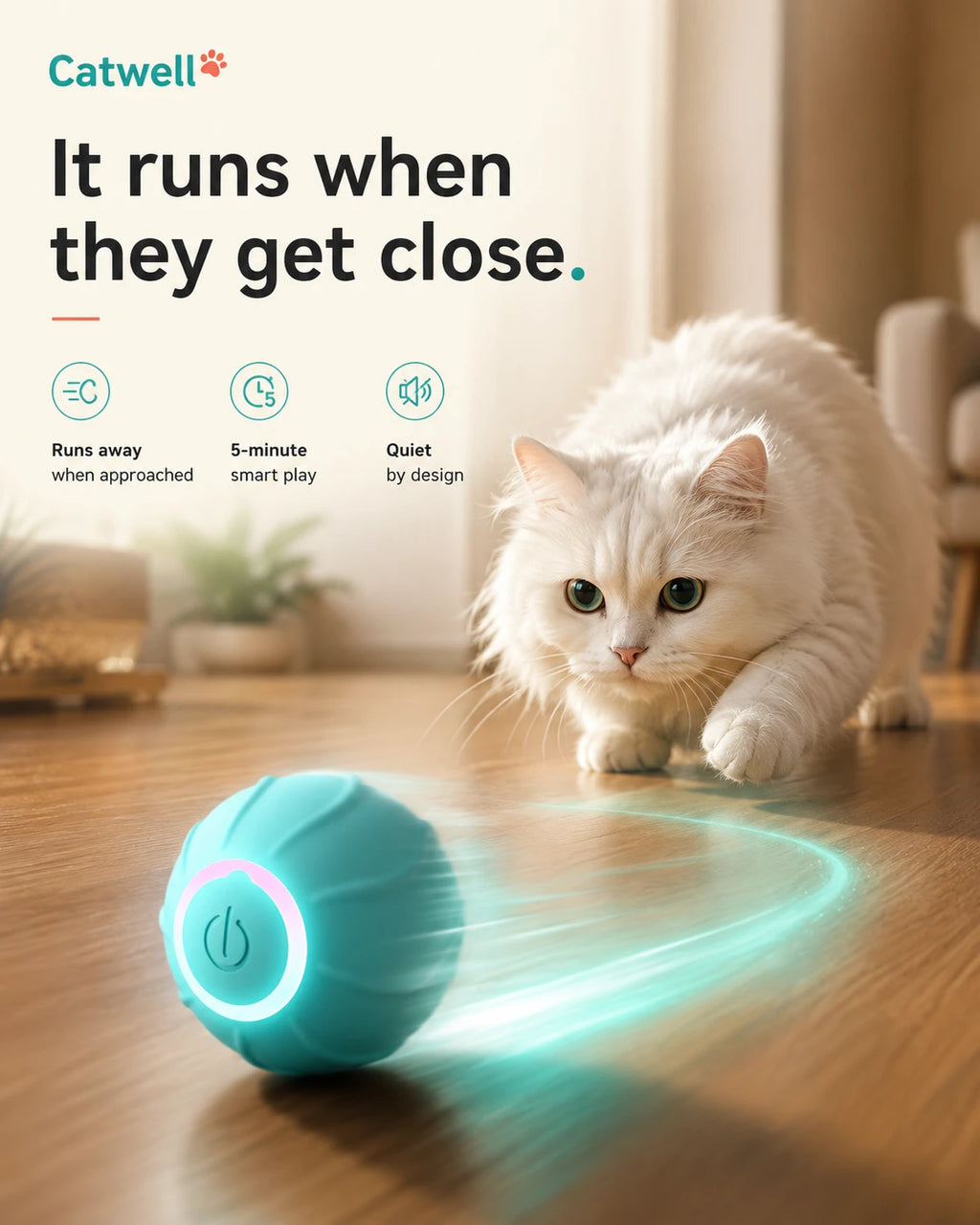 How it works — the Catwell smart ball runs away when your cat gets close, 5-minute smart play, quiet by design