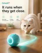 How it works — the Catwell smart ball runs away when your cat gets close, 5-minute smart play, quiet by design