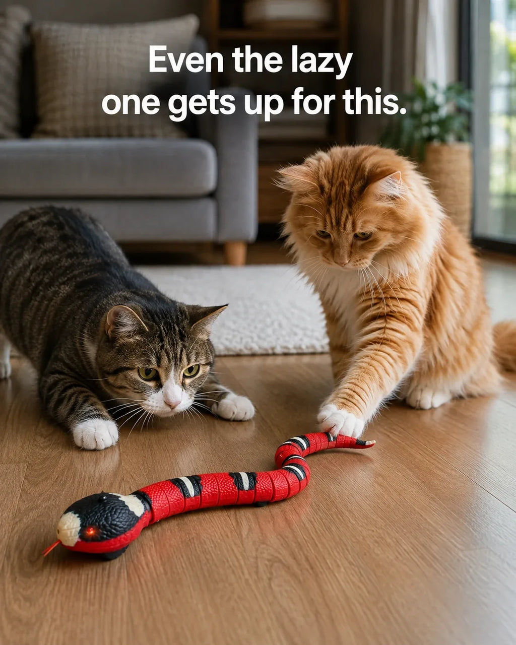 Even the lazy one gets up for this — two cats pawing at the moving snake cat toy