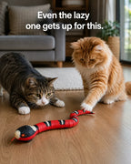 Even the lazy one gets up for this — two cats pawing at the moving snake cat toy