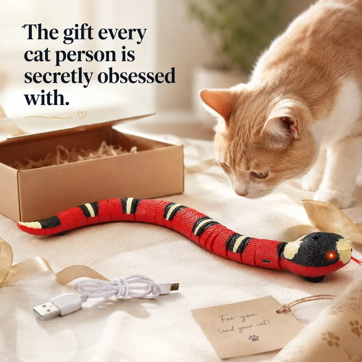 The gift every cat person is secretly obsessed with — the snake cat toy in a gift box with USB cable
