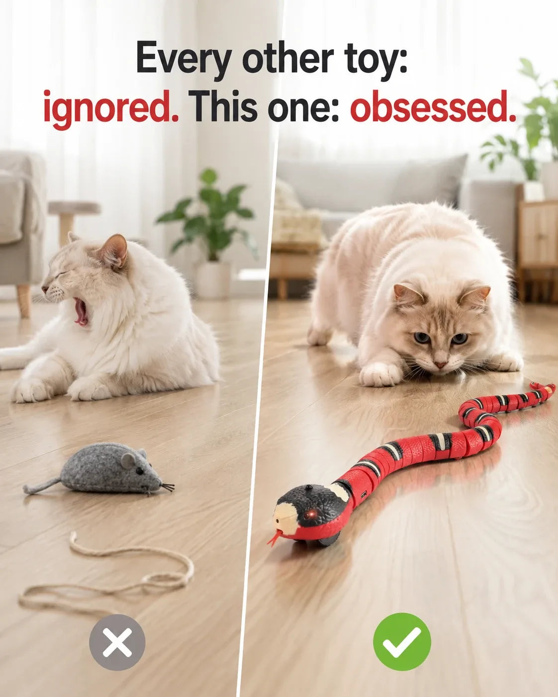 Every other toy ignored, this one obsessed — cat bored by a mouse toy versus locked onto the smart snake