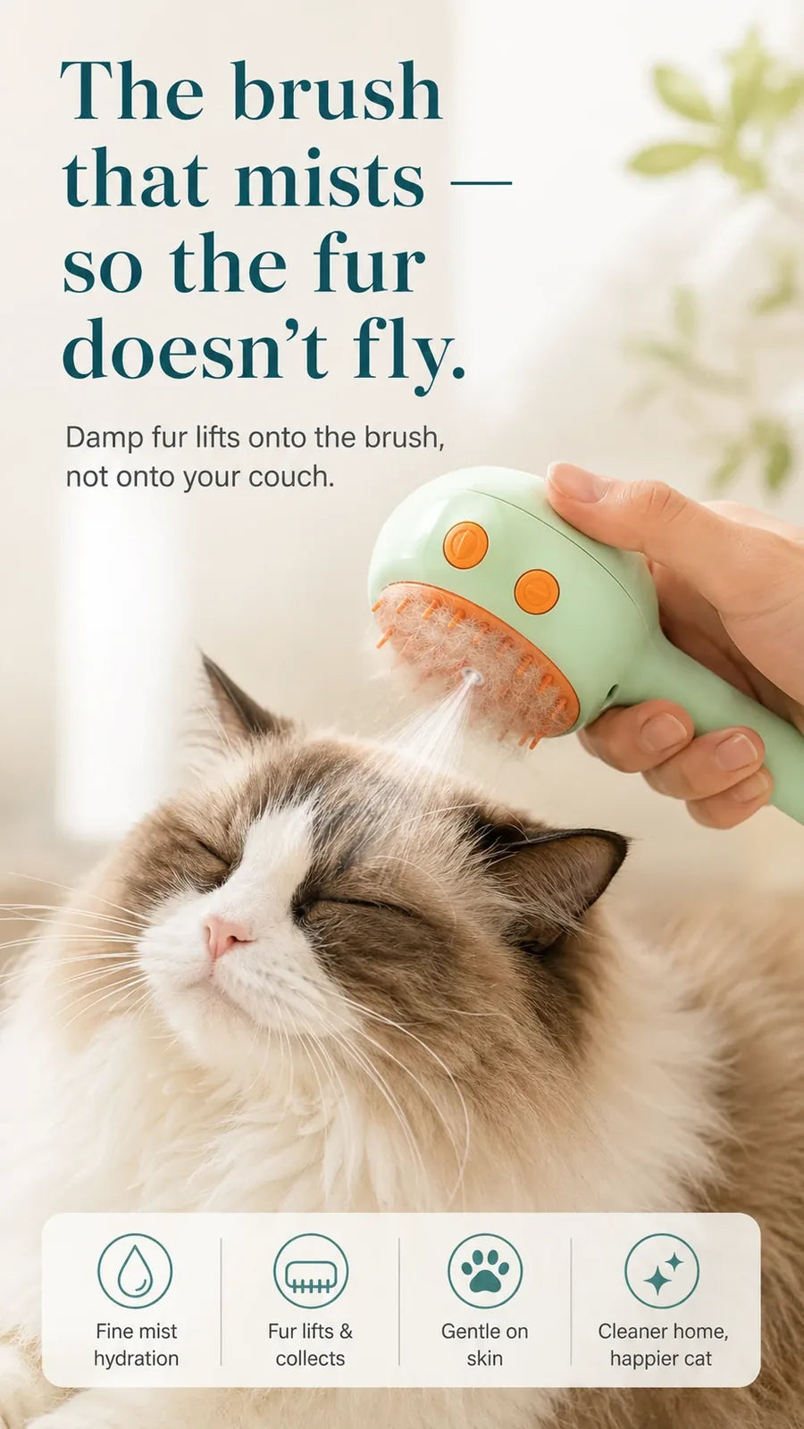 Steam Grooming Brush for Cats — De-Shedding Mist & Massage Comb