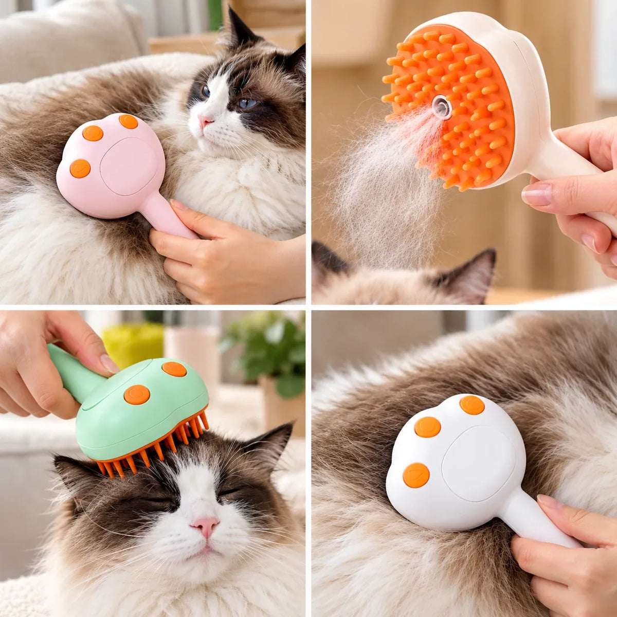 Steam brush misting a cat's coat and lifting loose fur, photo collage