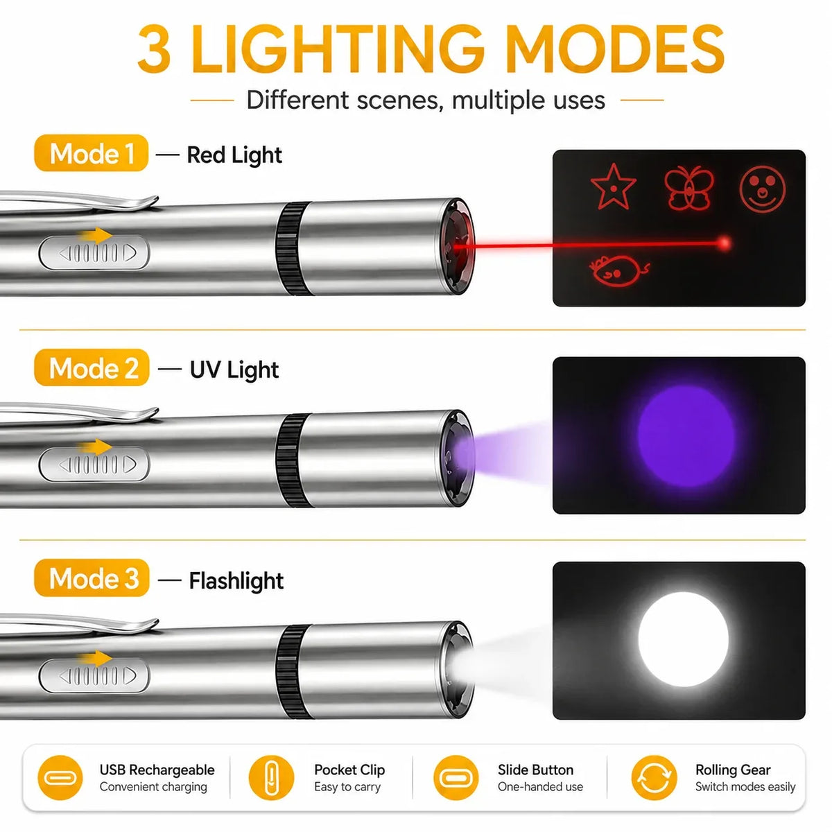 Three lighting modes: red light, UV light and flashlight