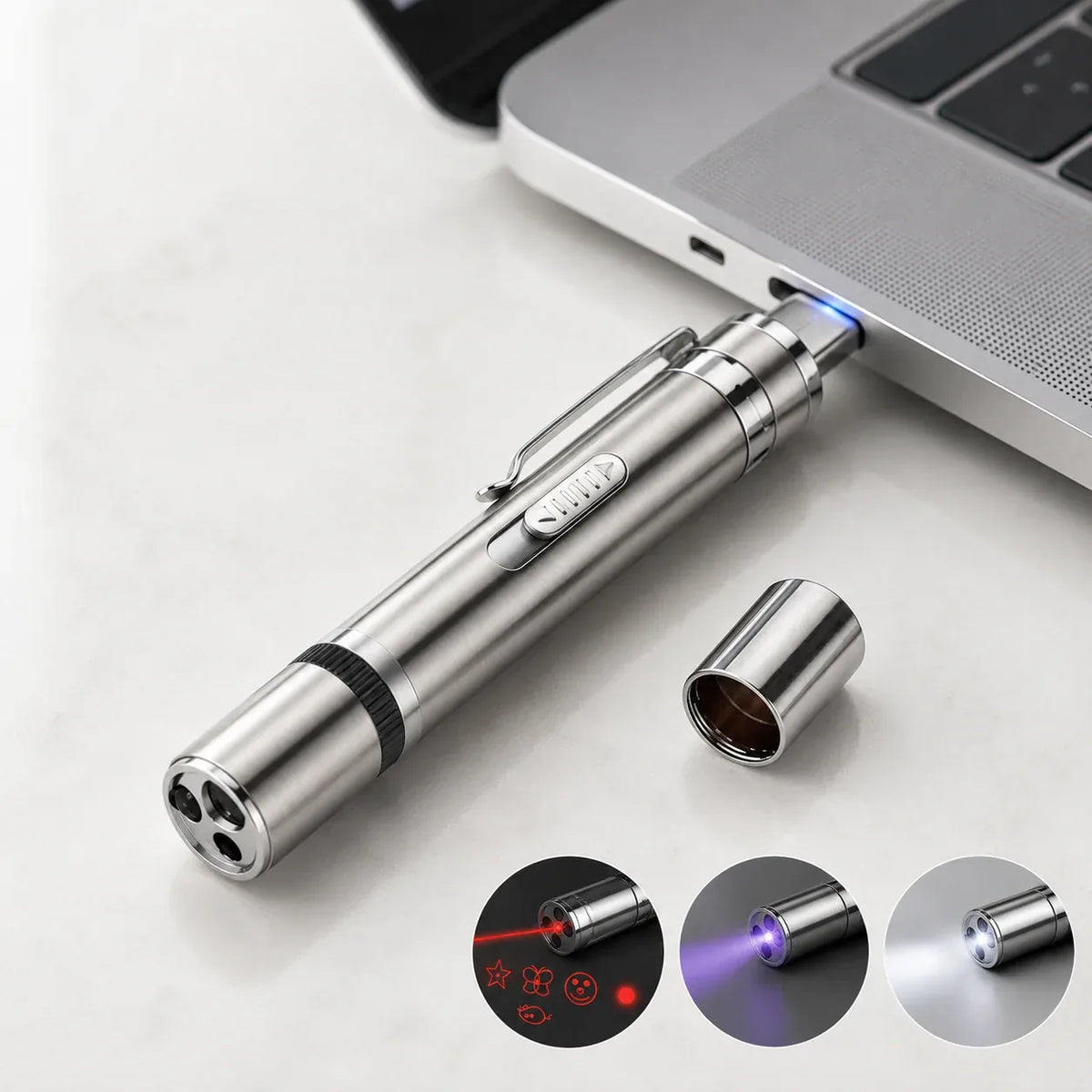 Laser pointer recharging over USB at a laptop