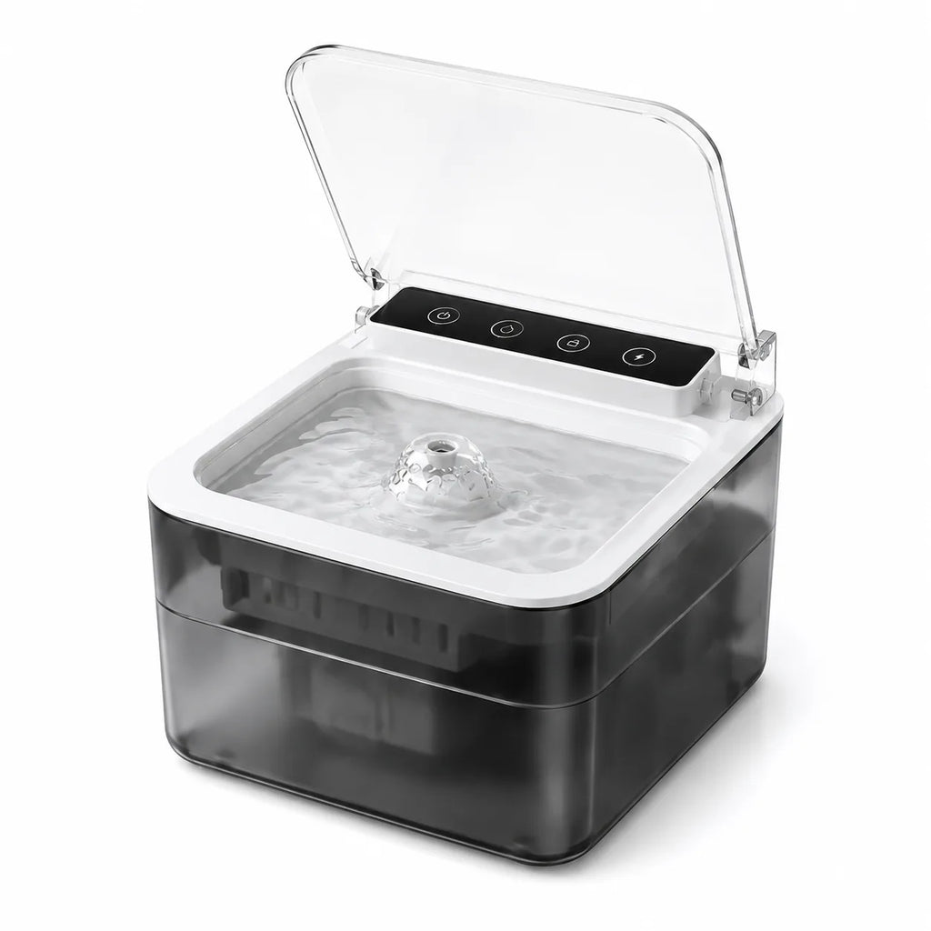 Front view of the Steelspring cat fountain with touch control panel and gentle bubbling spring
