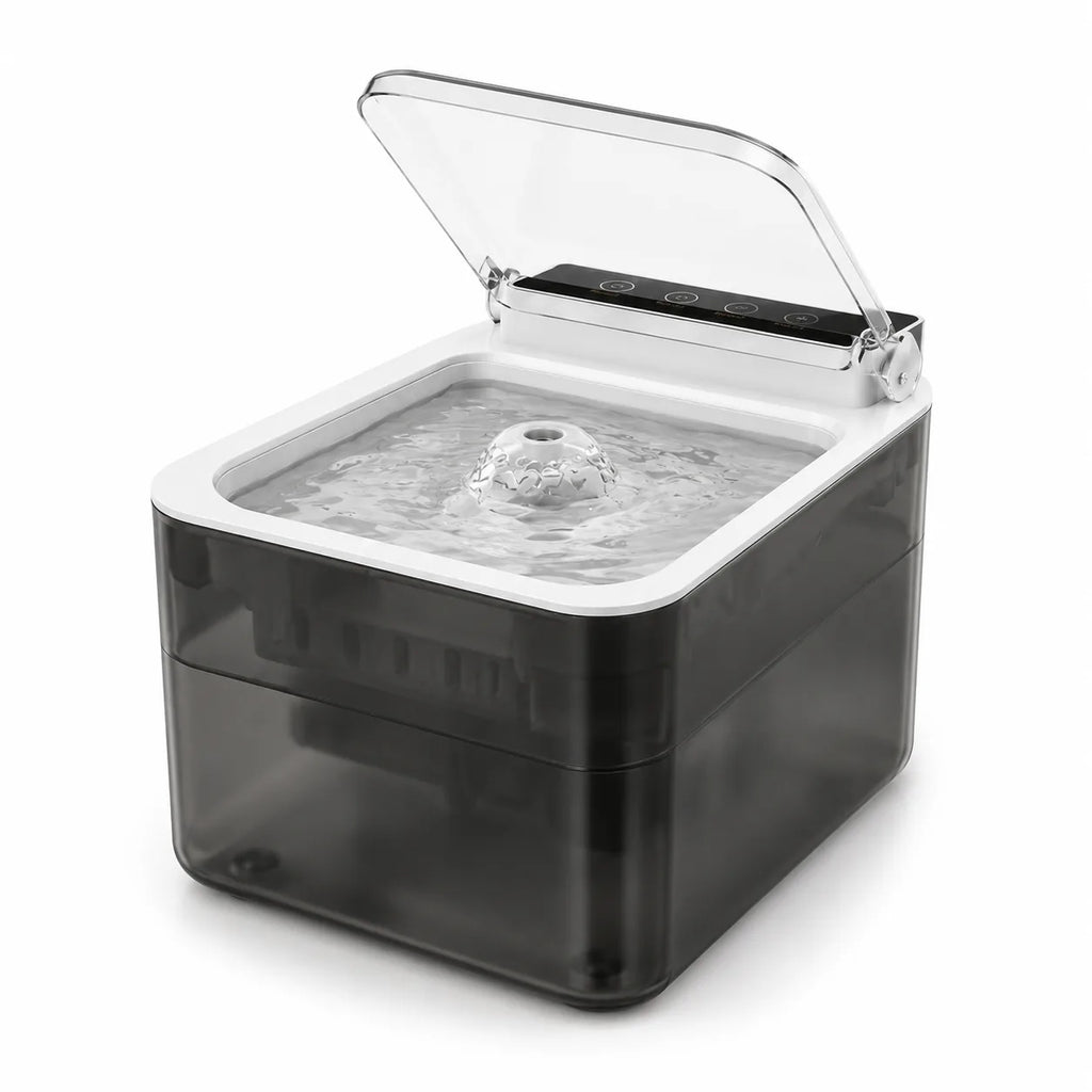 Steelspring cordless cat water fountain with clear auto dust-cover lid open and smoke-grey translucent tank, isolated three-quarter view