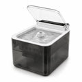 Steelspring cordless cat water fountain with clear auto dust-cover lid open and smoke-grey translucent tank, isolated three-quarter view
