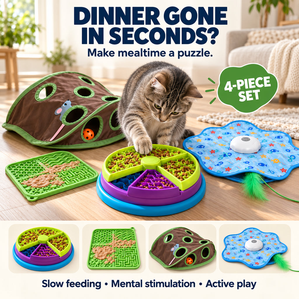 Slow-Down Set — Puzzle Feeder, Lick Mat & 2 Hunt Toys