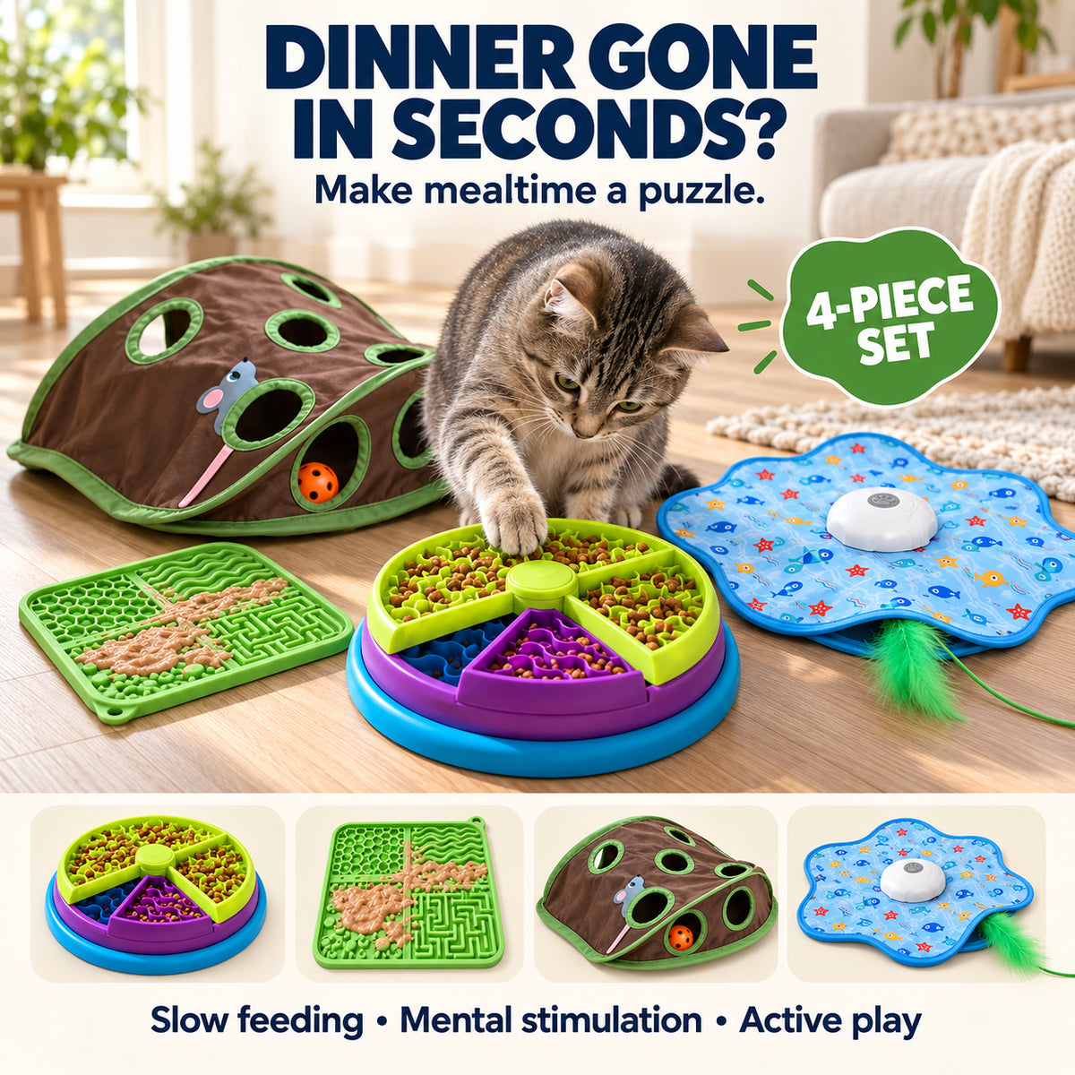 Slow-Down Set — Puzzle Feeder, Lick Mat & 2 Hunt Toys