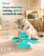 Keeps them busy — catnip, spin and scratch in one windmill cat toy