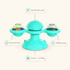 Windmill cat toy features — dental brush center, motion LED ball, refillable catnip and suction base with no drilling