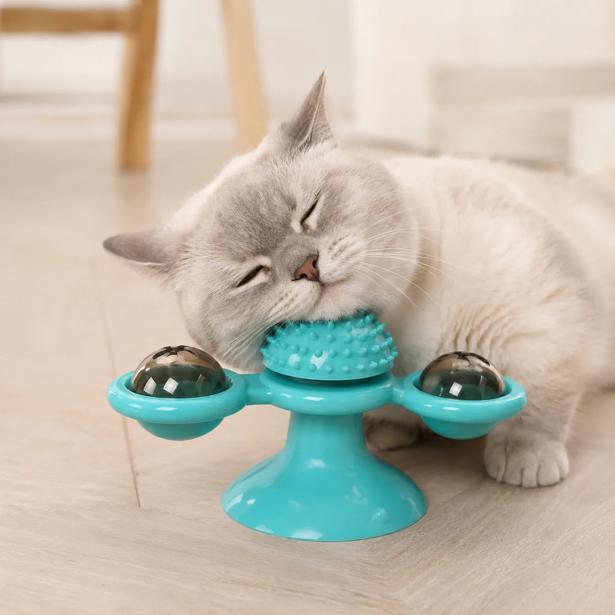 Cat resting its face on the windmill toy's brush ball on the floor