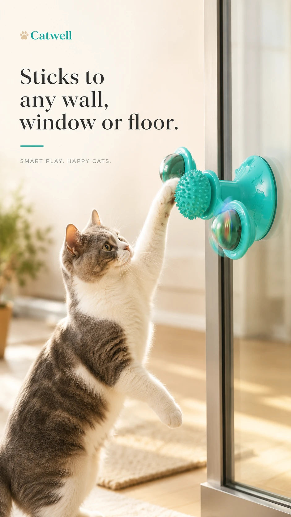 Catwell windmill cat toy sticks to any wall, window or floor