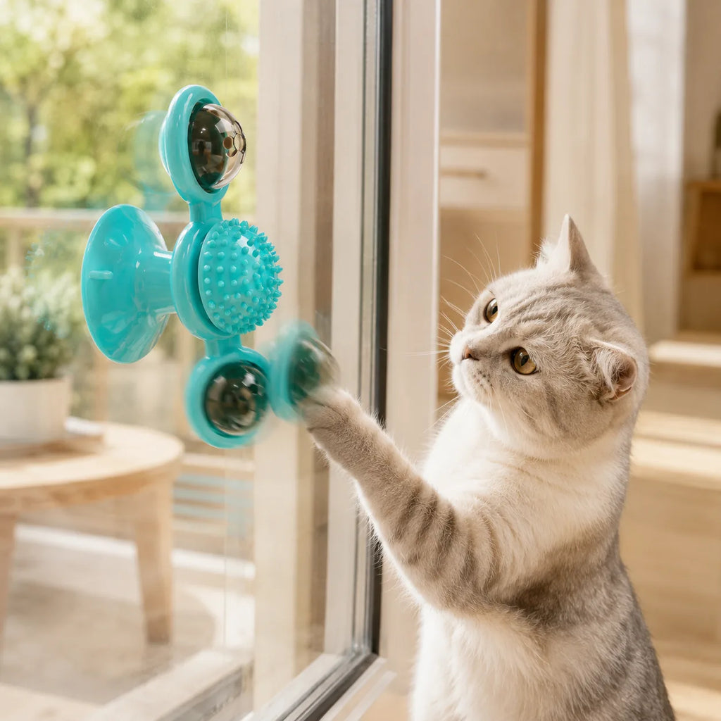 Cat batting the windmill toy suction-mounted on a window glass