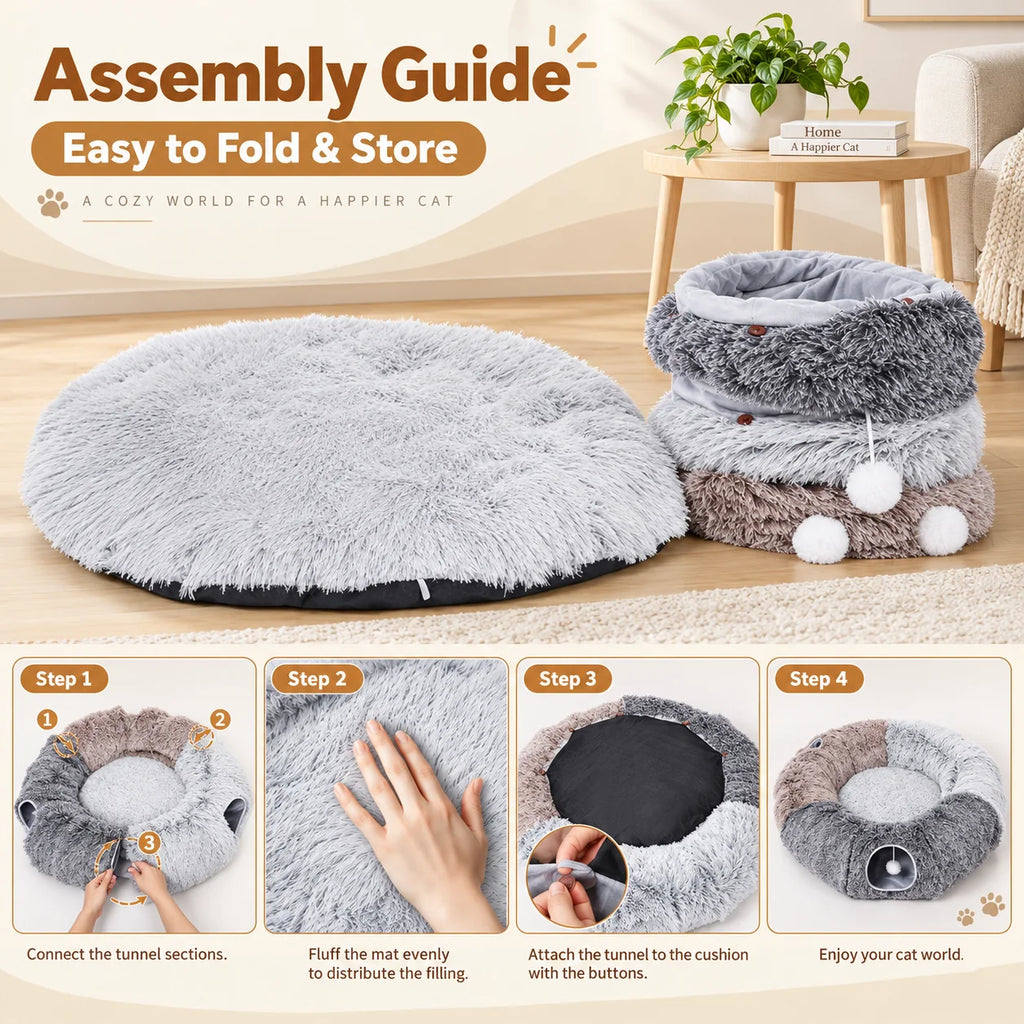 Assembly guide in four steps: connect the tunnel sections, fluff the mat, attach the tunnel to the cushion with the buttons, enjoy; folds flat to store
