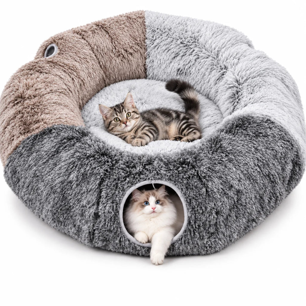 XL donut cat tunnel bed in grey and brown plush, a kitten on the center cushion and a ragdoll peeking out of the tunnel