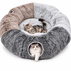 XL donut cat tunnel bed in grey and brown plush, a kitten on the center cushion and a ragdoll peeking out of the tunnel