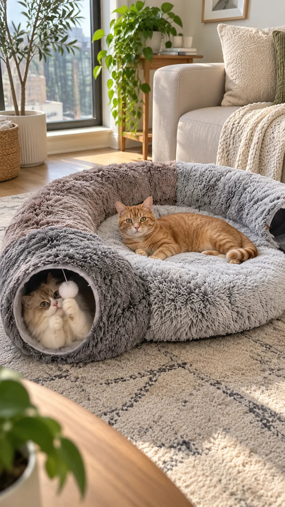 Orange tabby resting on the cushion and a white cat inside the tunnel of the XL donut bed in a sunny living room