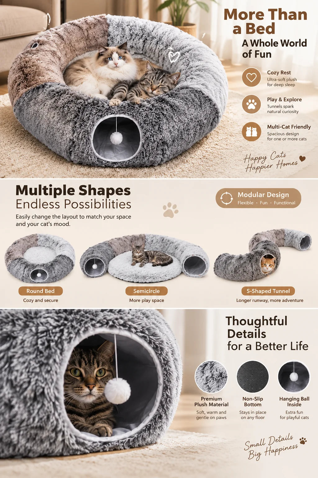 Infographic: more than a bed — cozy rest, play and explore, multi-cat friendly; modular shapes; premium plush, non-slip bottom, hanging ball