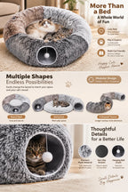 Infographic: more than a bed — cozy rest, play and explore, multi-cat friendly; modular shapes; premium plush, non-slip bottom, hanging ball