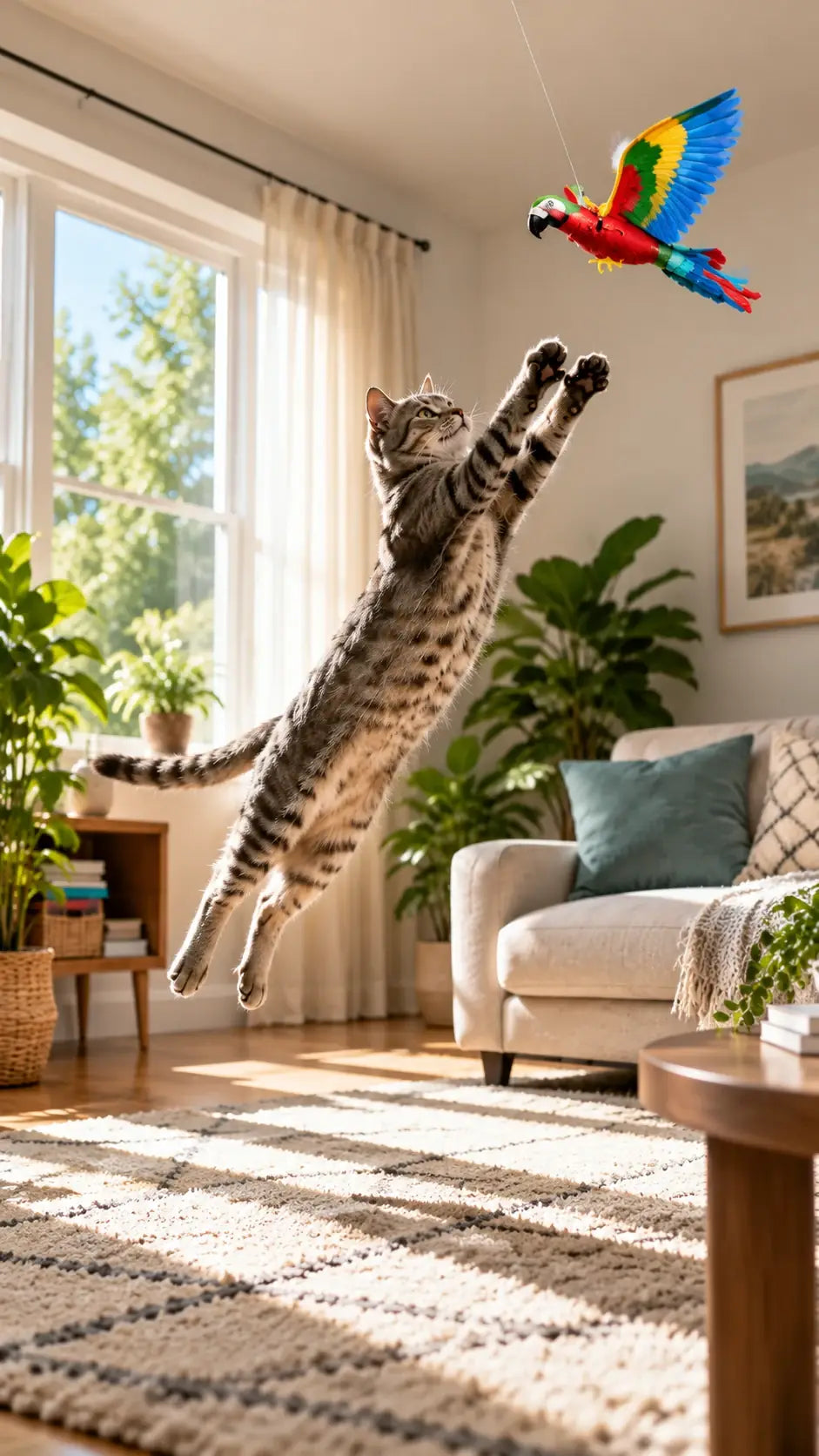 A tabby cat leaping high in a sunlit living room to catch the Flying Bird Cat Toy