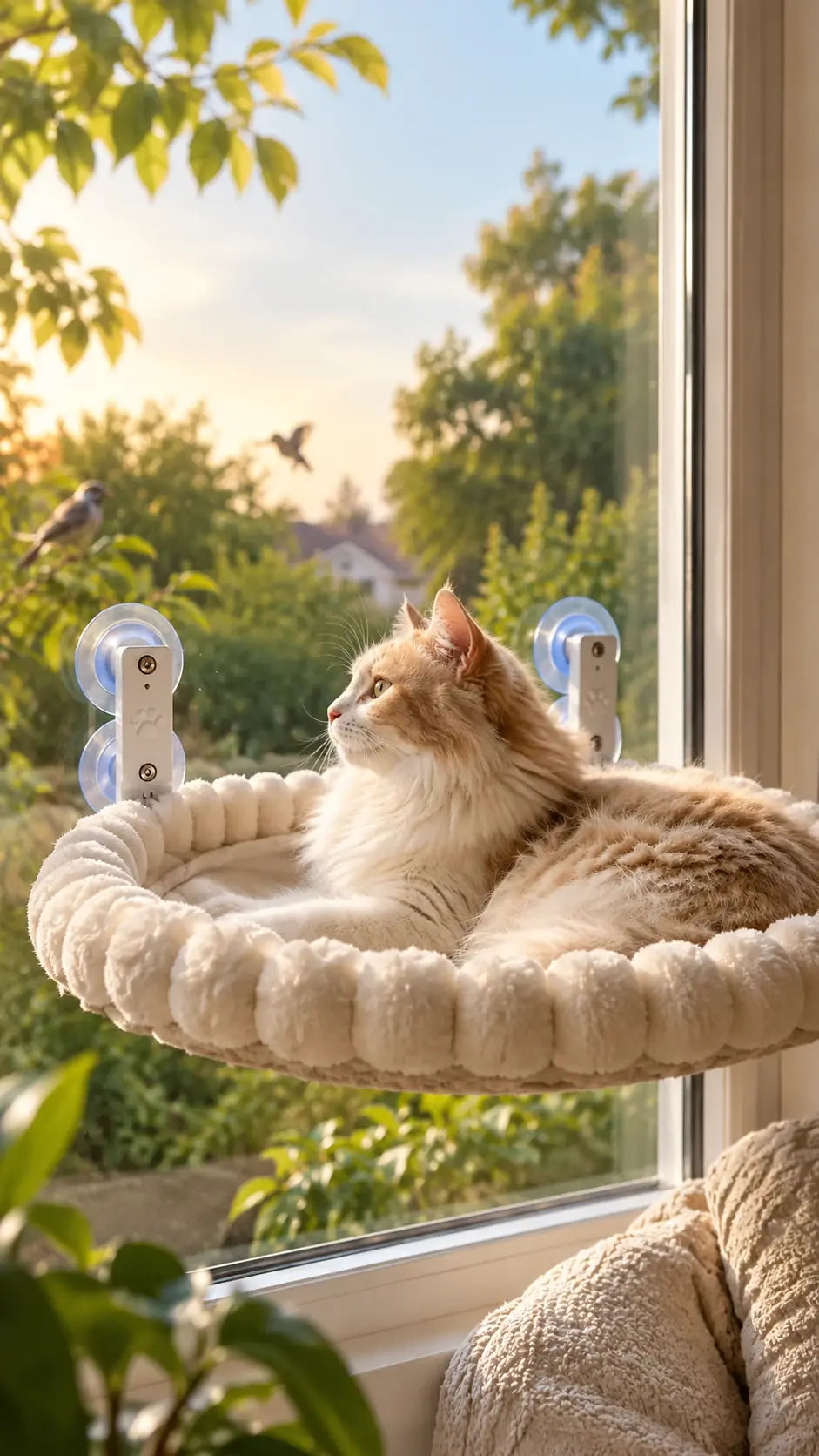 A ginger cat resting in the suction-mounted Cat Window Hammock, watching birds through a sunny window